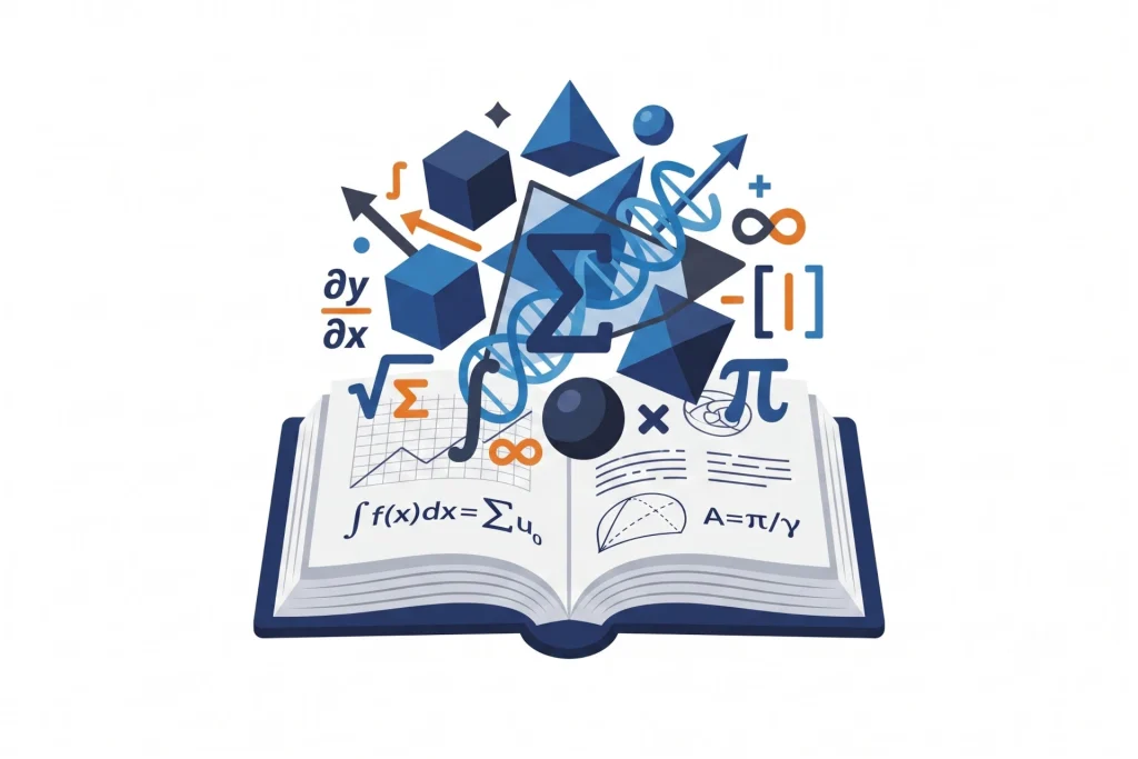 Ilustración de un libro abierto del que emergen figuras geométricas tridimensionales, fórmulas y símbolos matemáticos.