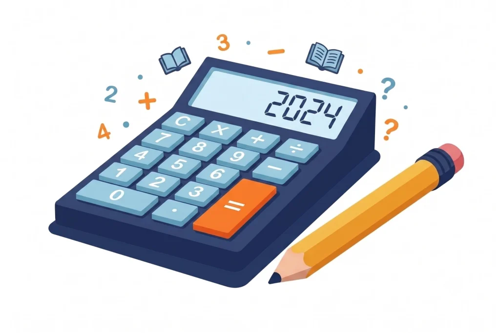 Ilustración de una calculadora digital con el año 2024 en pantalla, junto a un lápiz y símbolos matemáticos flotantes.