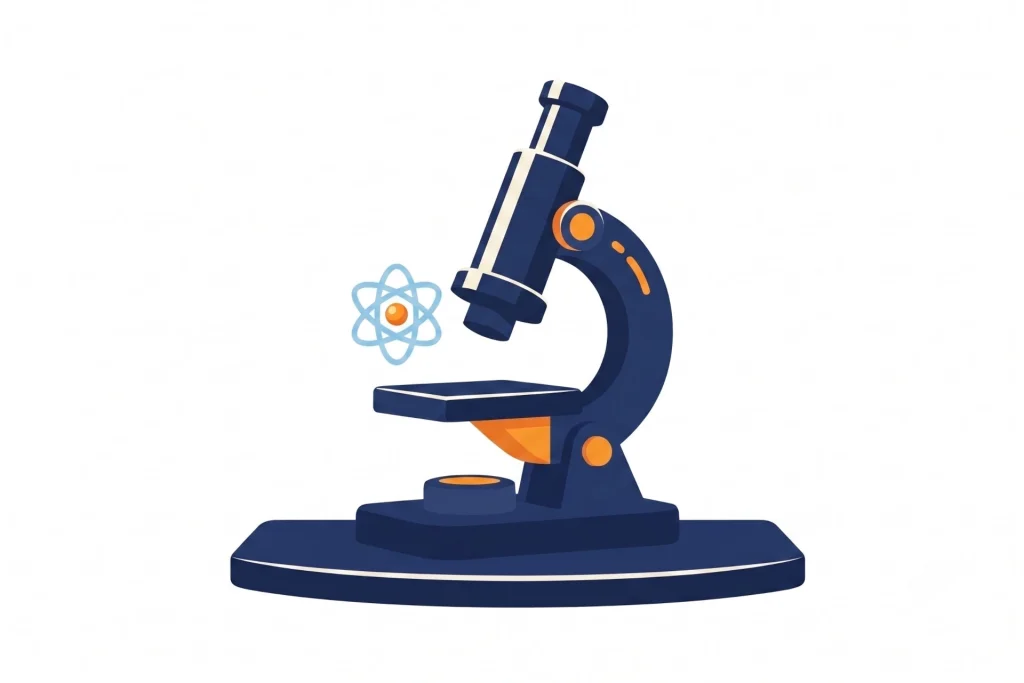 Ilustración de un microscopio de laboratorio junto a un modelo atómico flotante en color azul.
