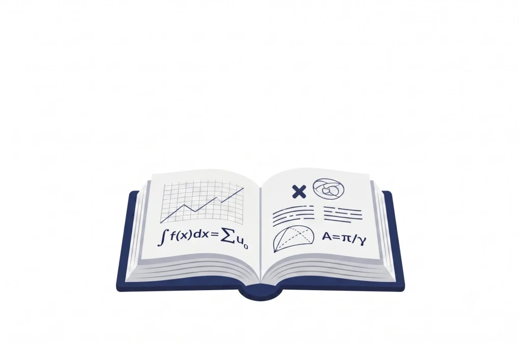 Ilustración de un libro abierto con gráficos de líneas y fórmulas matemáticas impresas en sus páginas.