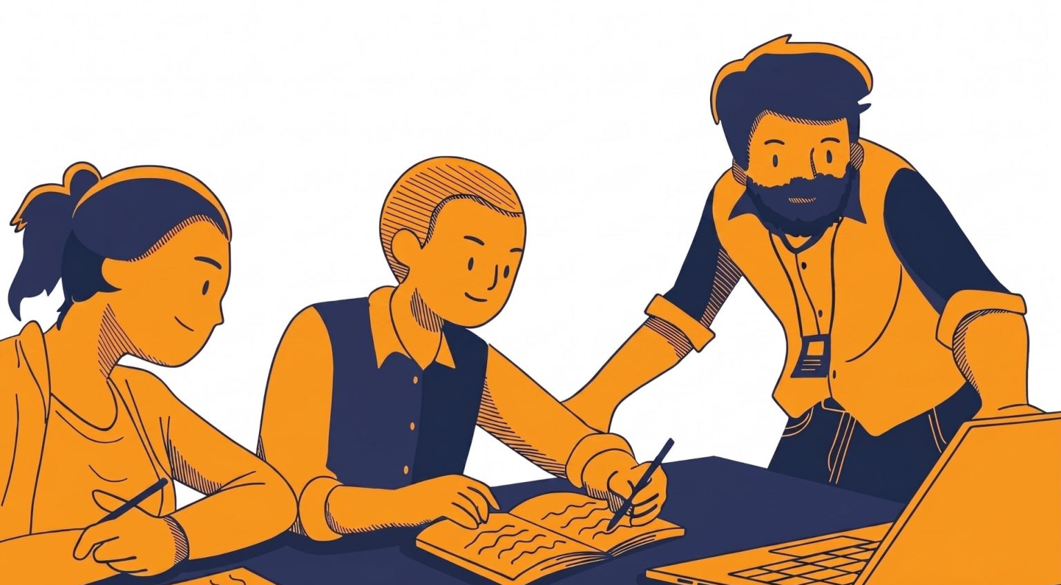 Ilustración en estilo plano de un mentor guiando a dos personas que toman notas frente a una laptop.